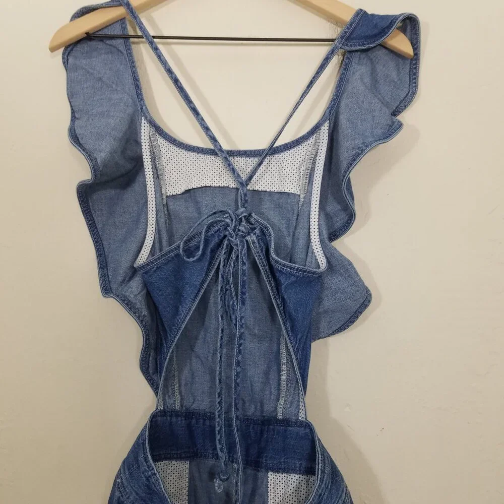 La Vie En Rose Ruffle Open Back Denim Jumpsuit Blue Size S - Picture 5 of 9